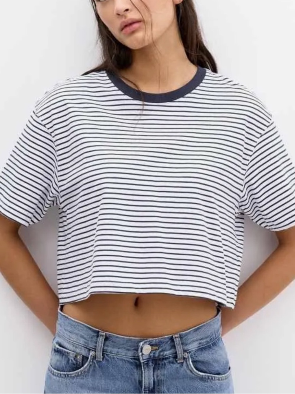 Pull&Bear White with Navy Stripes Crop Top